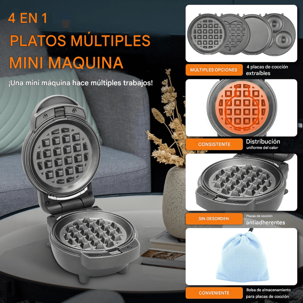 Mini Waflera Donera Crepes Corazones 4 En 1 Antiadherente