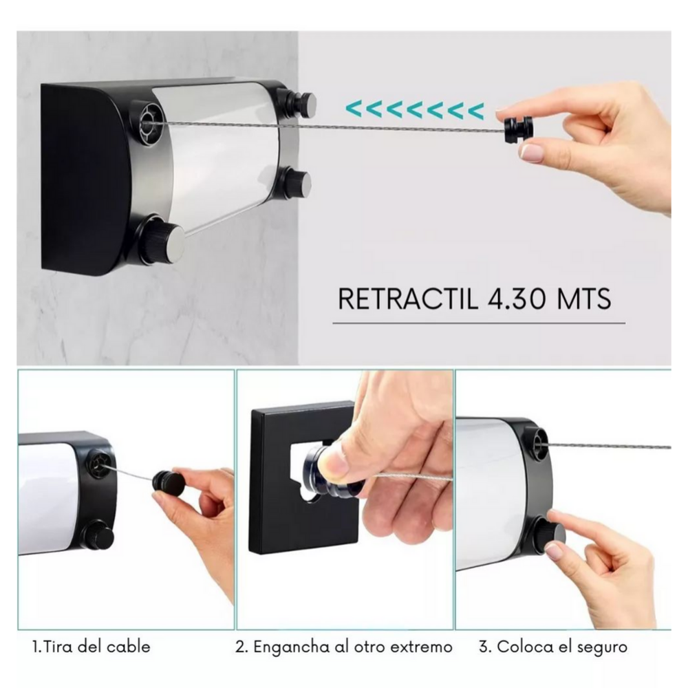 Tendedero De Ropa Retráctil 2 Cuerdas Acero Inoxidable 4.30m