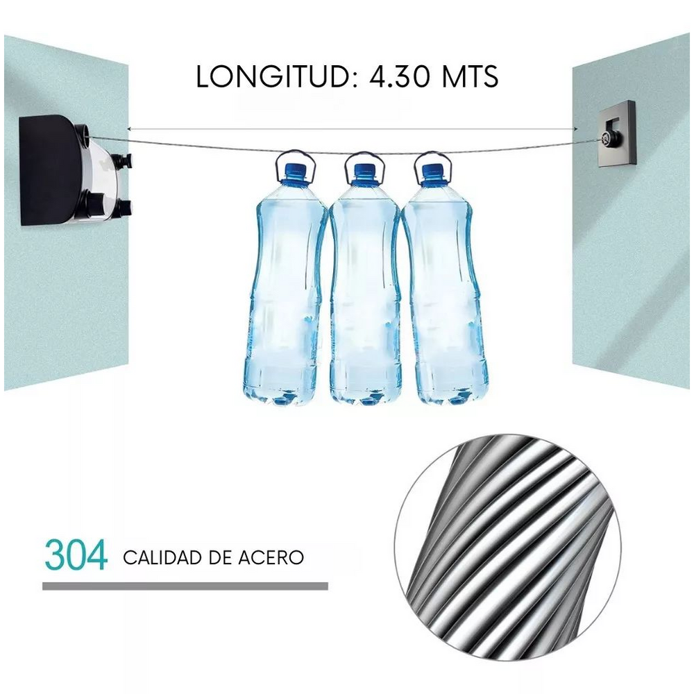 Tendedero De Ropa Retráctil 2 Cuerdas Acero Inoxidable 4.30m
