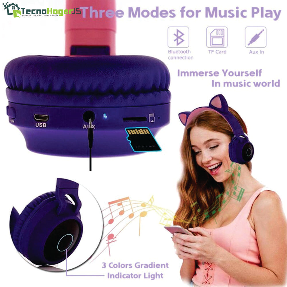 Audífonos Bluetooth Orejas De Gato Para Niños