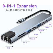 Adaptador Hub 8 En 1 Tipo C Hdmi Puerto Land Usb Mac Y Pc Sd